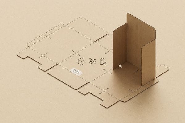 Cardboard Display Template Design An unfolded kraft cardboard Pop Display template with assembly lines, arrows, and icons for packaging, sustainability, and compliance, partially folded.