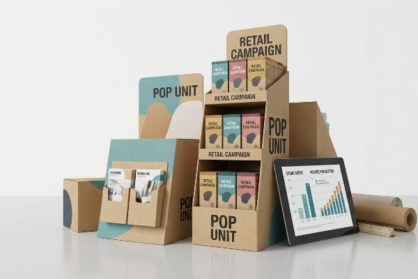 A collection of cardboard Pop Unit displays, featuring a multi-tiered Retail Campaign stand with colorful product boxes and a tablet showing Volume Projection.
