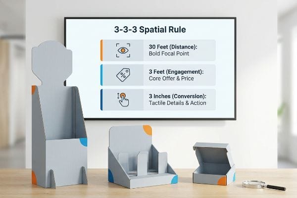Three gray cardboard POP displays with orange and blue accents, alongside a screen detailing the 3-3-3 Spatial Rule for retail.