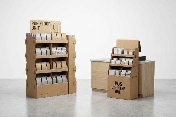 Pop Pos Displays Brown corrugated cardboard displays, featuring a multi-shelf Pop Floor Unit and a Pos Counter Unit, for retail merchandising.
