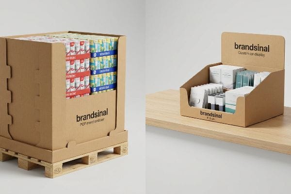 Brown corrugated cardboard displays: a Brandsinal Pop Merchandiser on a wooden pallet with red and blue products, and a Brandsinal Pos Unit on a counter with white and teal items.