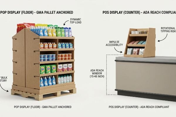 A Pop Display (Floor) on a Gma Pallet for bulk inventory, contrasted with a Pos Display (Counter) for impulse items, showing Ada Reach compliance.