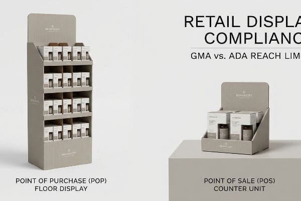 Retail Display Compliance Brandheim POP floor display and POS counter unit, showing Retail Display Compliance, GMA vs. ADA.