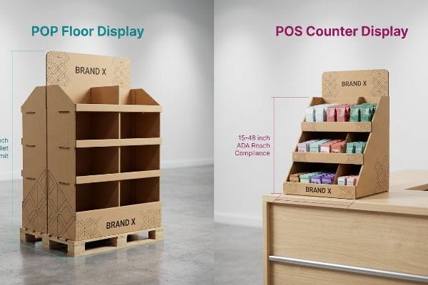POP POS Display Comparison Corrugated Brand X POP Floor Display on pallet and POS Counter Display with products, showing GMA and ADA compliance.