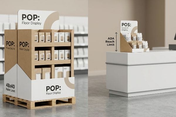 Kraft cardboard POP floor display on a 48x40 pallet and a POS counter display adhering to ADA reach limits.