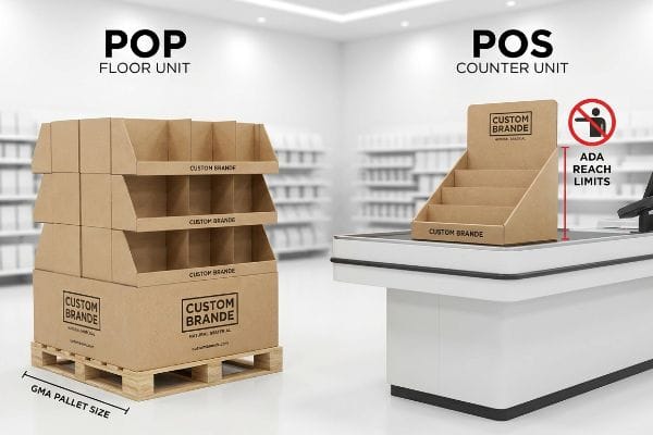 POP POS Displays Kraft cardboard POP floor unit on GMA pallet and POS counter display with ADA reach limits, both 'Custom Brande'.