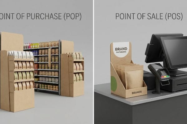 Contrasting retail environments showcase Point Of Purchase (POP) aisle displays and a Point Of Sale (POS) checkout counter featuring Brand Packaging.