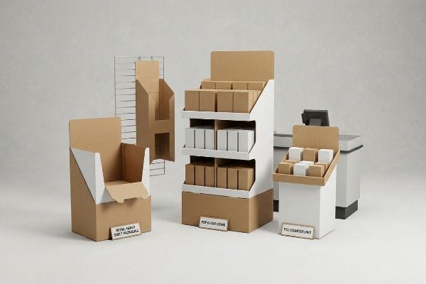 Cardboard Display Merchandisers Corrugated cardboard Pop Floor Stand, Pos Counter Unit, and Retail-Ready Shelf Packaging merchandisers on a light gray background.