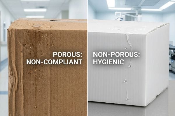 Wet, porous corrugated cardboard box labeled "Porous: Non-Compliant" beside a white, non-porous box with water beading, labeled "Non-Porous: Hygienic".