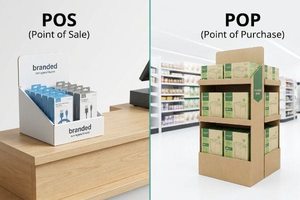 White Branded corrugated board Point of Sale display on a wooden counter, holding blue and grey electronic accessories.