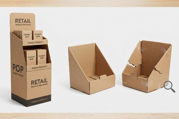 Brown corrugated cardboard Retail Product Branding Pop Floor Display, plus two countertop units, one showing micro-tab tearing.