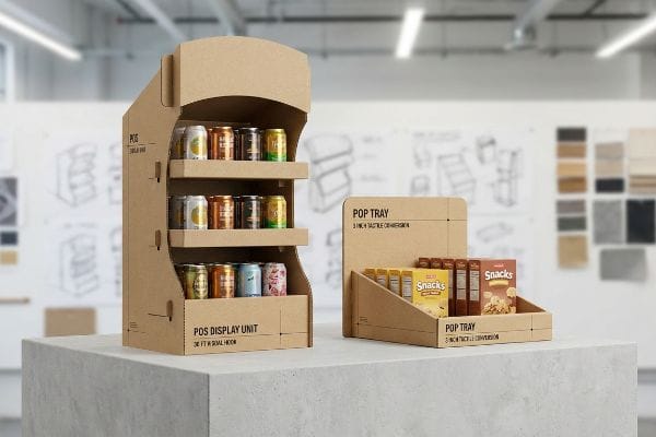 Natural kraft corrugated cardboard POS Display Unit with 30 Ft Visual Hook and a POP Tray with 3 Inch Tactile Conversion holding snack boxes.