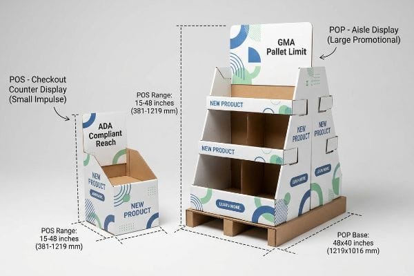 POS vs POP Displays Corrugated POS checkout counter display (15-48 inches, Ada Compliant Reach) and POP aisle display (48x40 inches, Gma Pallet Limit).