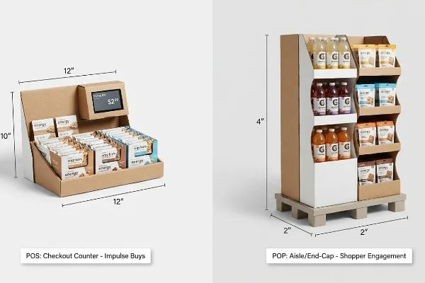 POS-Kassendisplay aus braunem Karton mit Energieriegeln und 2,00-Dollar-Bildschirm; POP-Regalendkappeneinheit mit G-Drinks und Energiesnacks.