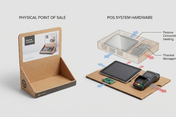 POS Display Hardware Venting Brown corrugated cardboard display for Physical Point Of Sale alongside a diagram of POS System Hardware with Passive Convection Venting and Thermal Management.