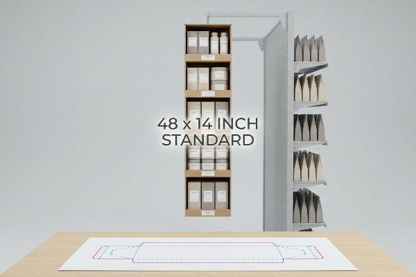 Standard Power Wing Dieline A 48 x 14 Inch Standard power wing sidekick display with products, and a dieline template on a wooden table.