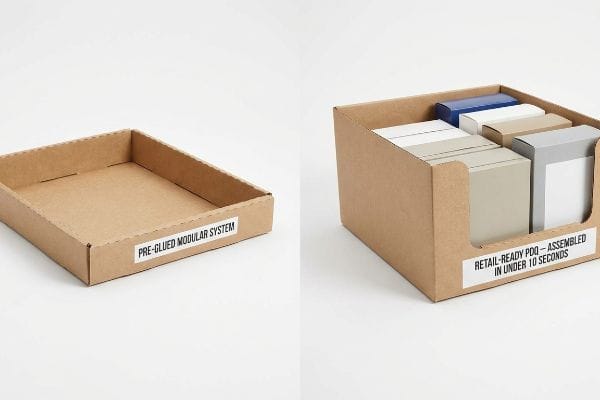 Corrugated 'Pre-Glued Modular System' box beside an assembled 'Retail-Ready PDQ' display with multi-colored product boxes, assembled in under 10 seconds.