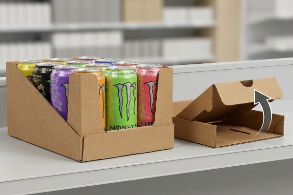 Brown corrugated cardboard retail-ready display tray holding assorted Monster Energy cans, next to a partially folded pre-glued pop-up tray demonstrating quick assembly.