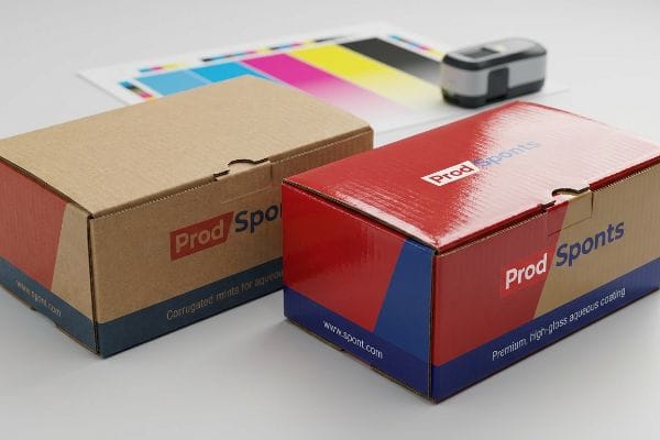 Prod Sponts Box Coatings Two Prod Sponts corrugated boxes, one with premium high-gloss aqueous coating, the other for aqueous mints.