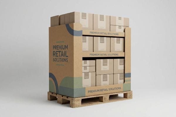 A freestanding corrugated cardboard pallet display, branded "Premium Retail Solutions", holds numerous retail-ready boxes on a wooden pallet.