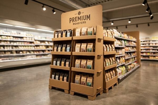 A corrugated cardboard point-of-purchase display, labeled 'Premium Roasters', filled with coffee bags in a supermarket aisle.