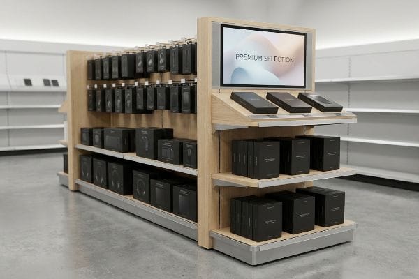 A modern retail endcap display featuring a digital screen with 'Premium Selection' above black product boxes on light wood shelves.