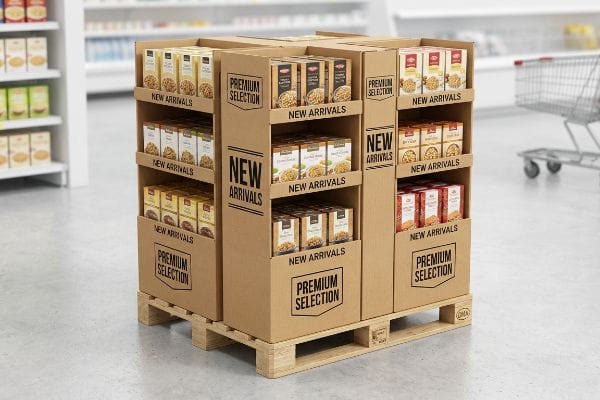 Brown corrugated cardboard pallet display, a GMA floor unit, showcasing "Premium Selection" and "New Arrivals" products on a wooden Euro pallet.
