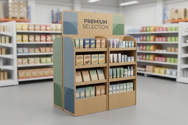 A corrugated point of purchase display with 'Premium Selection' text, holding snacks and personal care items in a retail store.