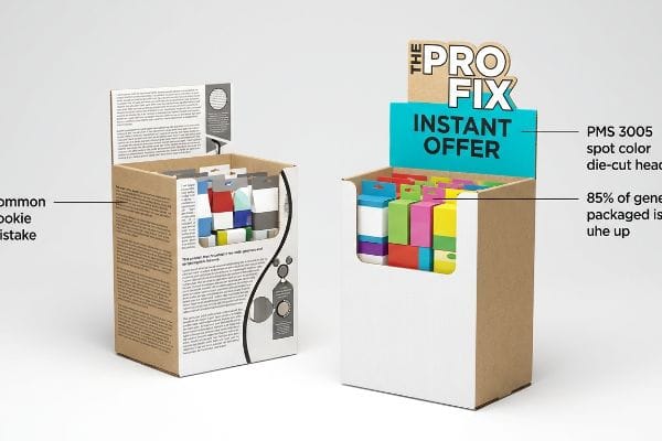 Présentoirs de vente au détail en carton ondulé, contrastant une « erreur courante de débutant » avec un présentoir « solution de pro » comportant un en-tête découpé en couleur d'accompagnement PMS 3005 et une « offre instantanée » pour une visibilité du produit de 85 %.