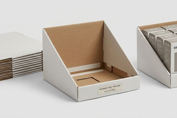Pre-Glued PDQ Tray White and brown corrugated cardboard Psd Display Tray, pre-glued with an Auto-Lock Base, ready for rapid retail assembly.