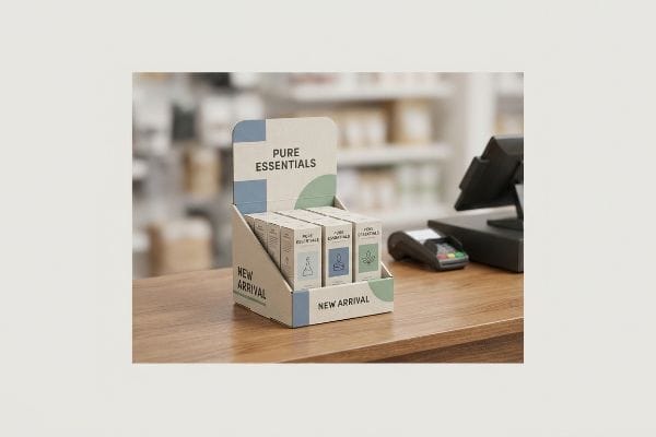 A retail checkout counter features a custom display of "Pure Essentials" boxes, labeled "New Arrival", positioned next to a payment terminal.