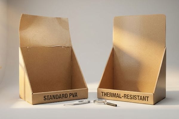 Corrugated pop-up displays: 'Standard Pva' warped, 'Thermal-Resistant' intact, with thermometer and magnifying glass.