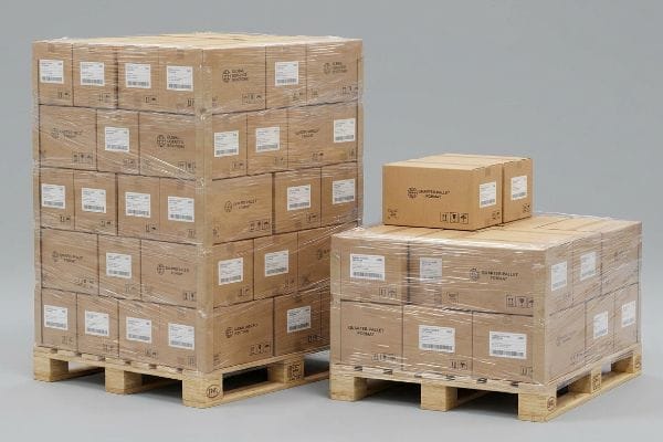 Two stacks of shrink-wrapped cardboard boxes, labeled "Global Logistics Solutions" and "Quarter Pallet Format", are neatly arranged on wooden pallets, ready for efficient distribution.