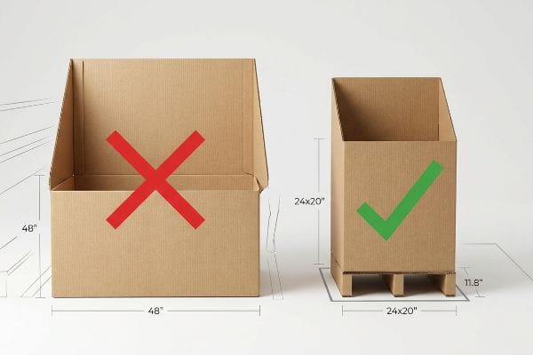 Retail Display Size Comparison Corrugated cardboard displays comparing a non-compliant 48-inch full-pallet design with a compliant 24x20-inch quarter-pallet display, showing optimal retail spatial geometry.