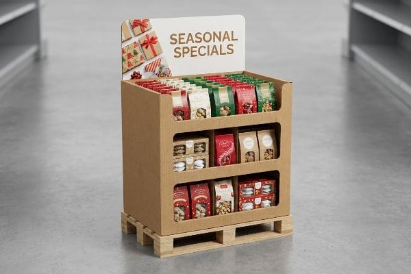 Corrugated cardboard quarter pallet display on a wooden base, featuring "Seasonal Specials" of holiday treats in a retail aisle.