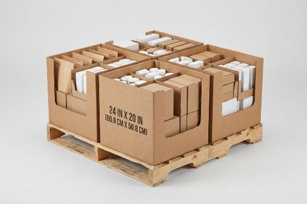 Corrugated cardboard quarter-pallet merchandiser, 24 In X 20 In (60.9 Cm X 50.8 Cm), filled with retail products on a wooden pallet.