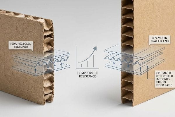 Corrugated board cross-sections compare 100% Recycled Testliner to 30% Virgin Kraft Blend, highlighting improved Compression Resistance and Optimized Structural Integrity with Precise Fiber Ratio.