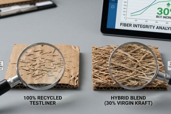 Magnified comparison of 100% Recycled Testliner vs. Hybrid Blend (30% Virgin Kraft) corrugated board, highlighting fiber integrity and 30% BCT increase.