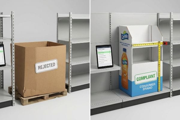 Rejected vs Compliant Display Brown cardboard box labeled 'Rejected' on a pallet contrasted with a 'Compliant' Cerule retail display, measured for big-box compliance.
