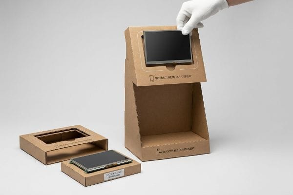 Brown corrugated interactive retail display, hand inserting a digital screen into a "Removable Component" slot, highlighting "Interactive Display Removable" packaging.