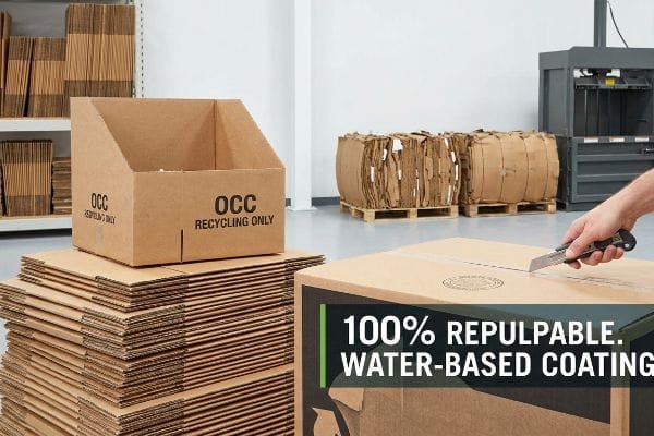 Brown cardboard boxes, one marked "OCC Recycling Only", and another being cut, feature "100% Repulpable, Water-Based Coating" in a recycling center.