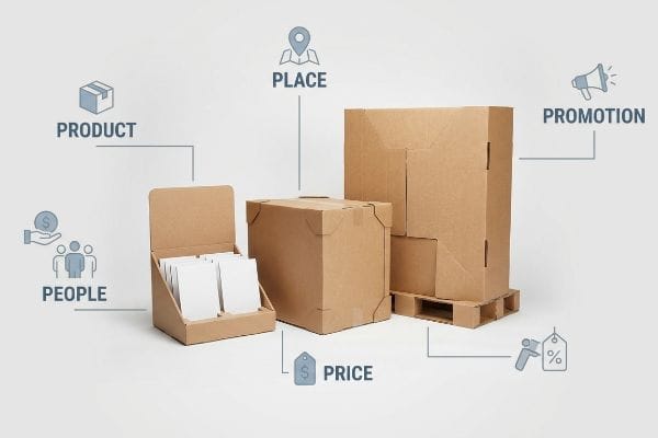 Retail 5 P's Concept Brown cardboard boxes and a retail display with white product inserts, illustrating the 5 P's of Retail: Product, Place, Promotion, People, and Price.
