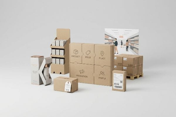 Kraft cardboard display showing Product, Price, Place, Promotion, People, with cosmetic packaging, shipping boxes, and a retail store background.
