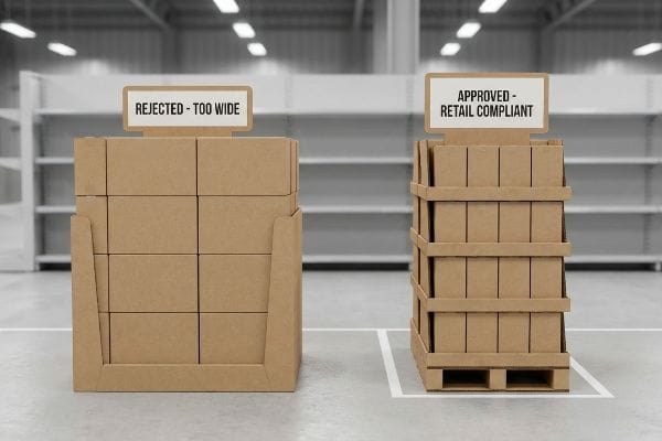 Cardboard display units: one 'Rejected - Too Wide', another 'Approved - Retail Compliant' on a fractional pallet, highlighting retail aisle compliance.