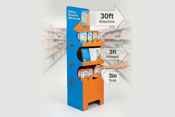 Blue and orange retail display shows 3-3-3 Rule: 30ft Attention, 3ft Interest, 3in Grab.