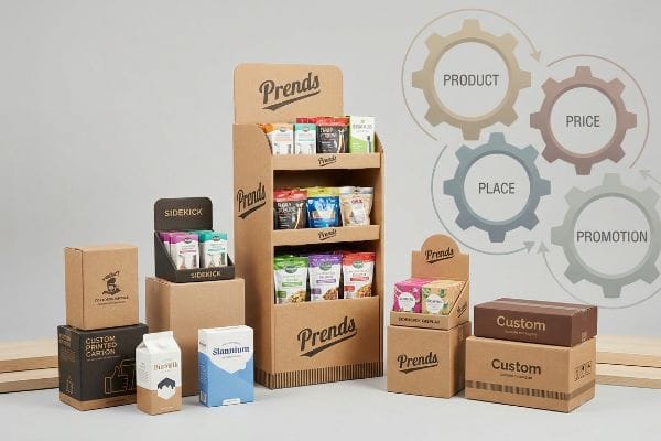 Cardboard retail displays: Prends floor and Sidekick units, custom cartons, Bizmilk boxes, and a 4 P's Merchandising graphic.