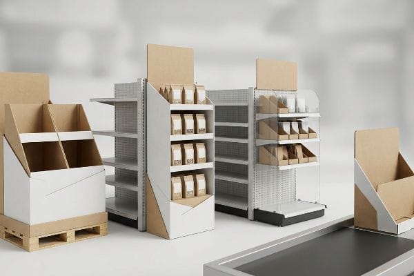 Cardboard and metal retail display units, including a pallet-based floor display, end-cap, and point-of-sale merchandiser.