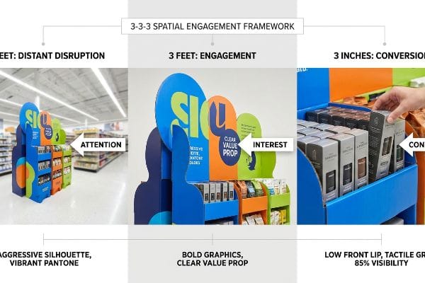 3-3-3 Engagement Framework Diagram of 3-3-3 Spatial Engagement Framework for retail displays, showing Distant Disruption, Engagement, and Conversion.