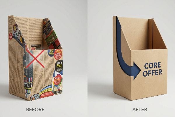 Brown cardboard display: 'Before' shows cluttered text, 'After' features a blue arrow to 'Core Offer', simplifying retail.