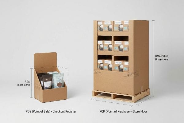 Brown corrugated displays: POS checkout (ADA Reach Limit) and POP store floor (GMA Pallet Dimensions).